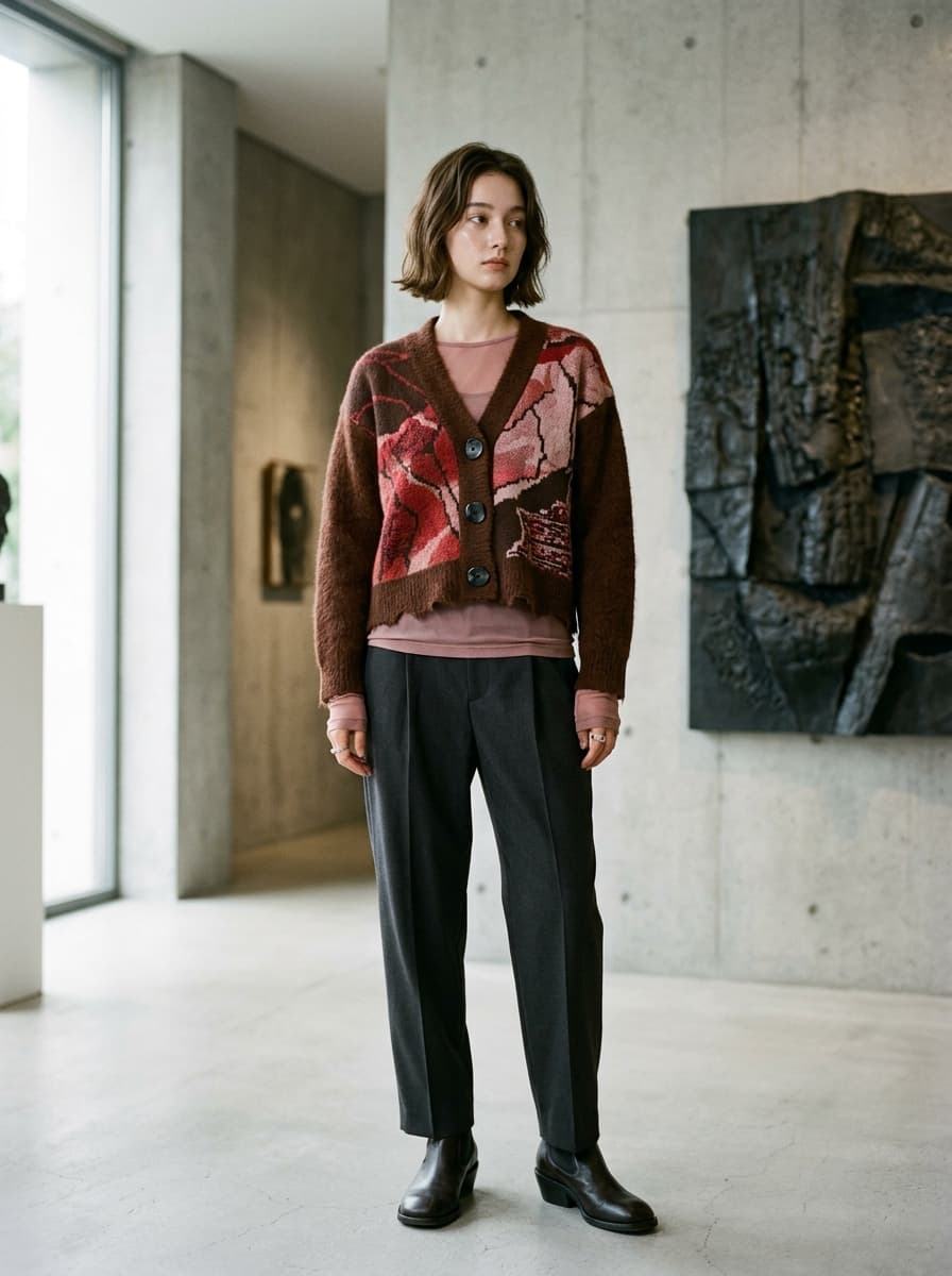 A look pairing a red and brown jacquard cardigan with charcoal trousers