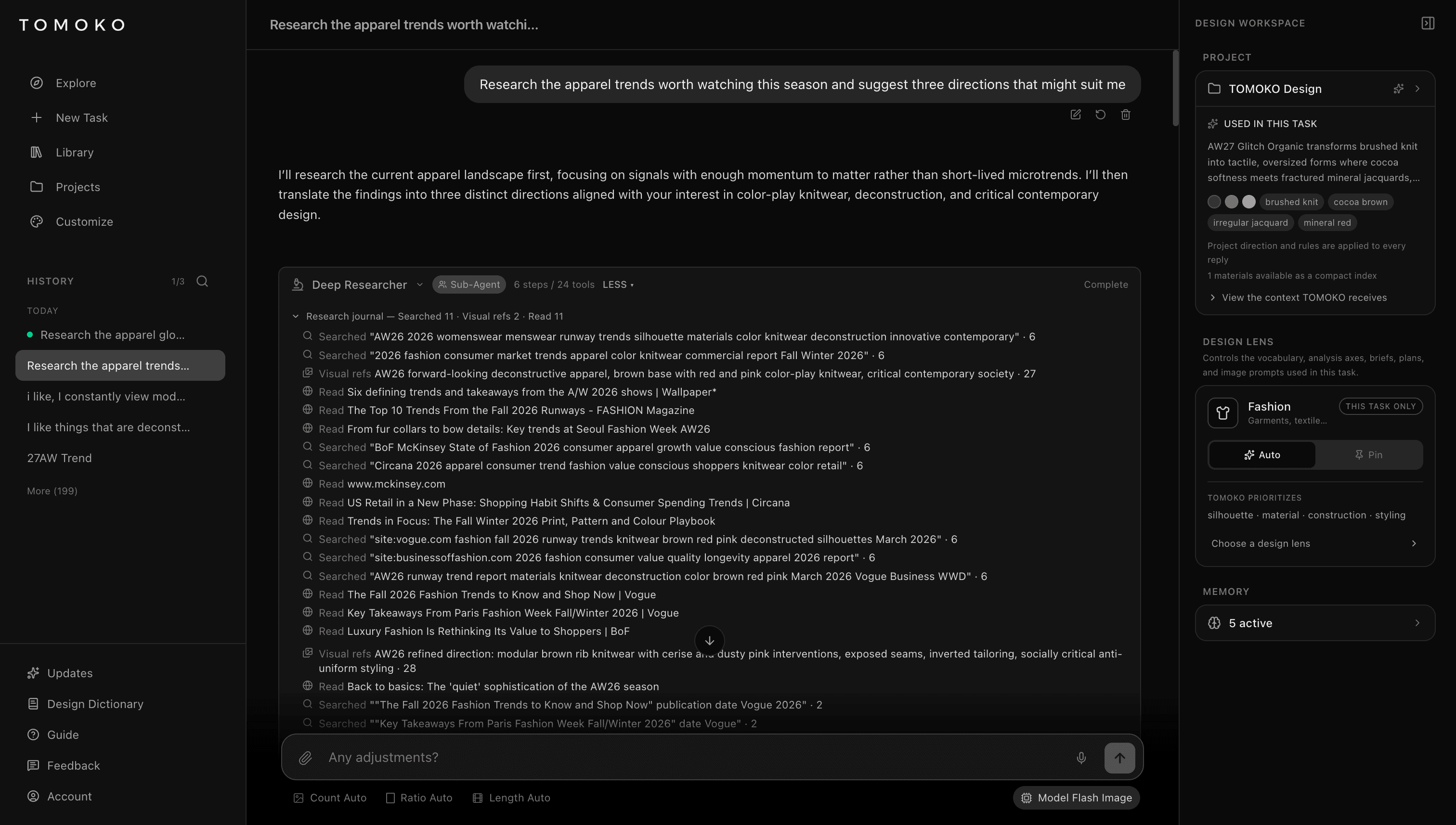 TOMOKO Deep Research reviewing multiple sources in conversation