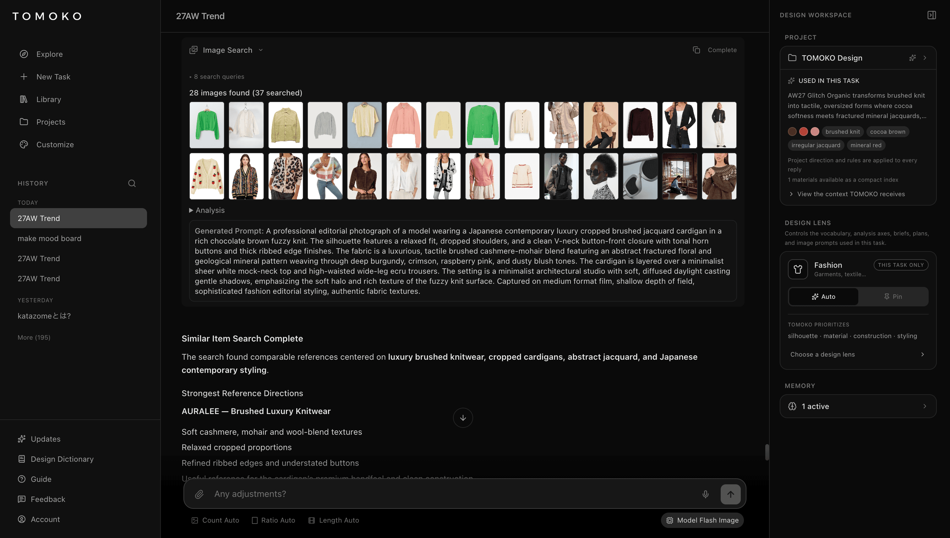 Research view with knitwear reference images from Image Search and a generated prompt