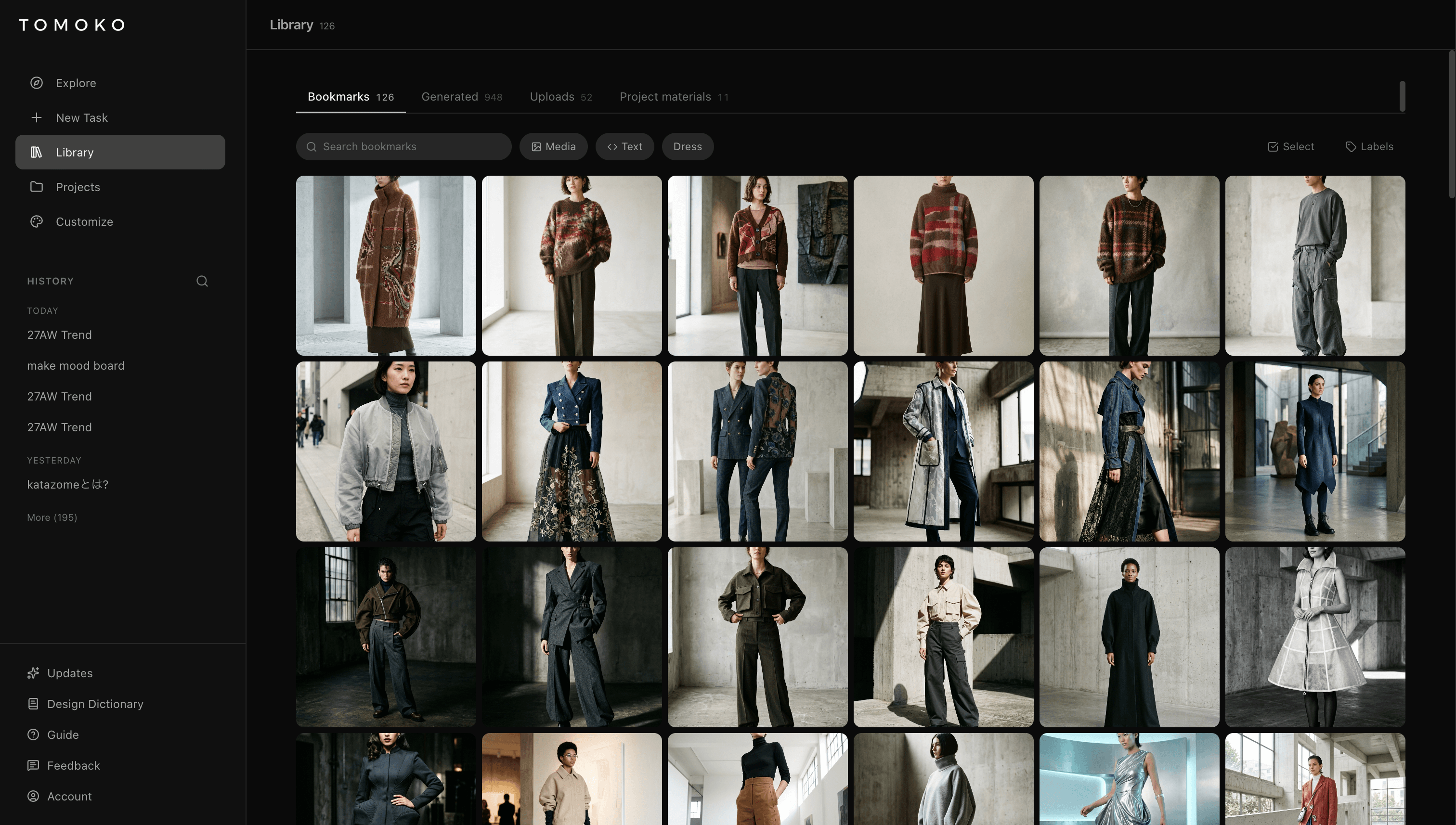 Library — Bring generated work, bookmarks, and uploads together. Organize with labels and export as ZIP.